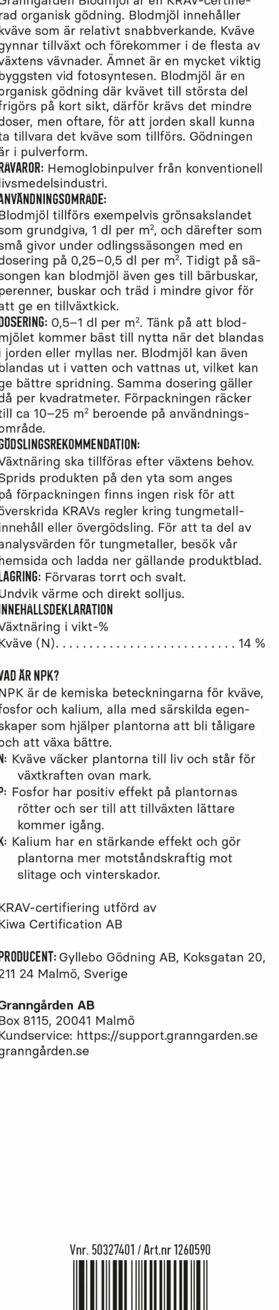 Blodmjöl Granngården KRAV 500g