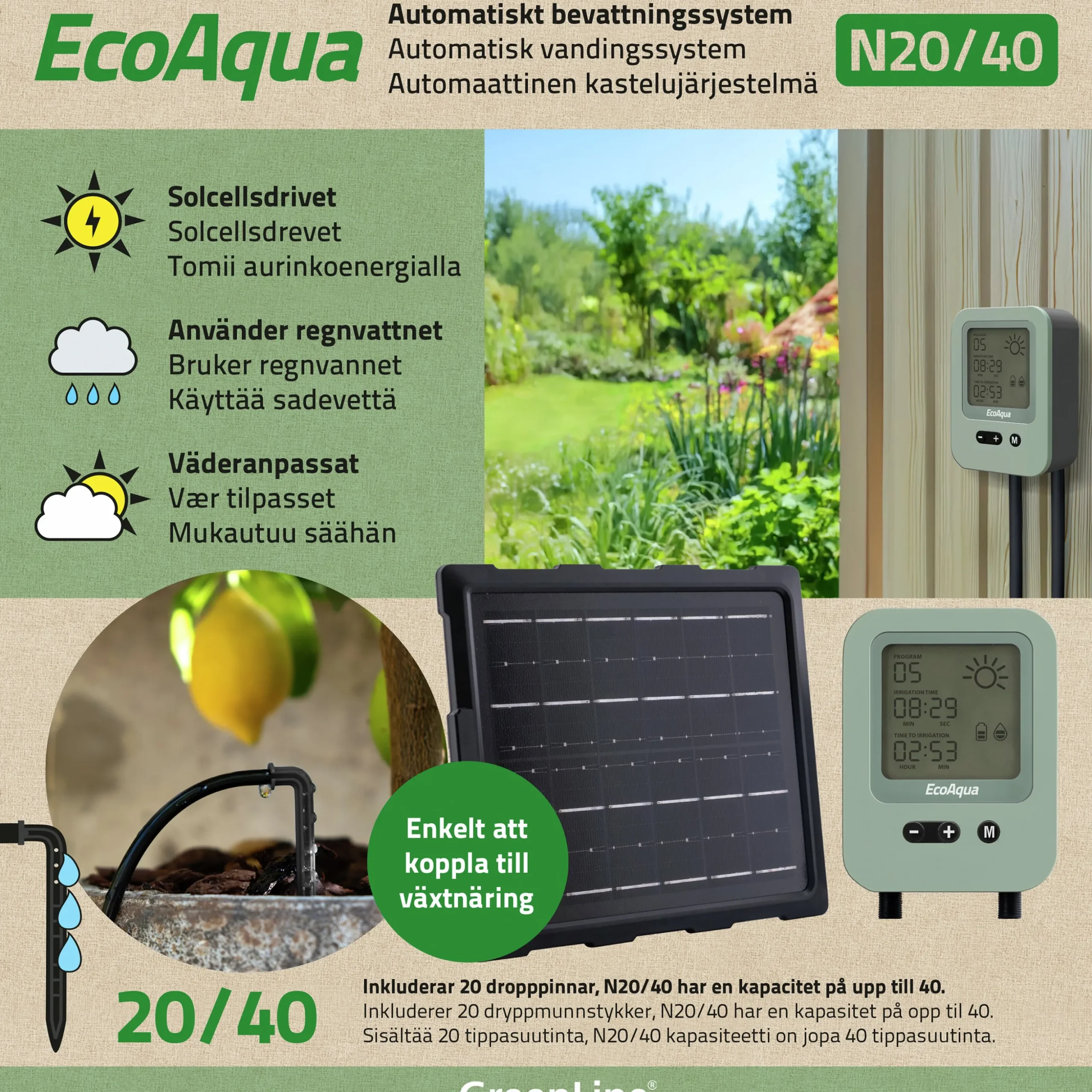 Droppbevattning EcoAqua N20/40 Solcell 20 munstycken