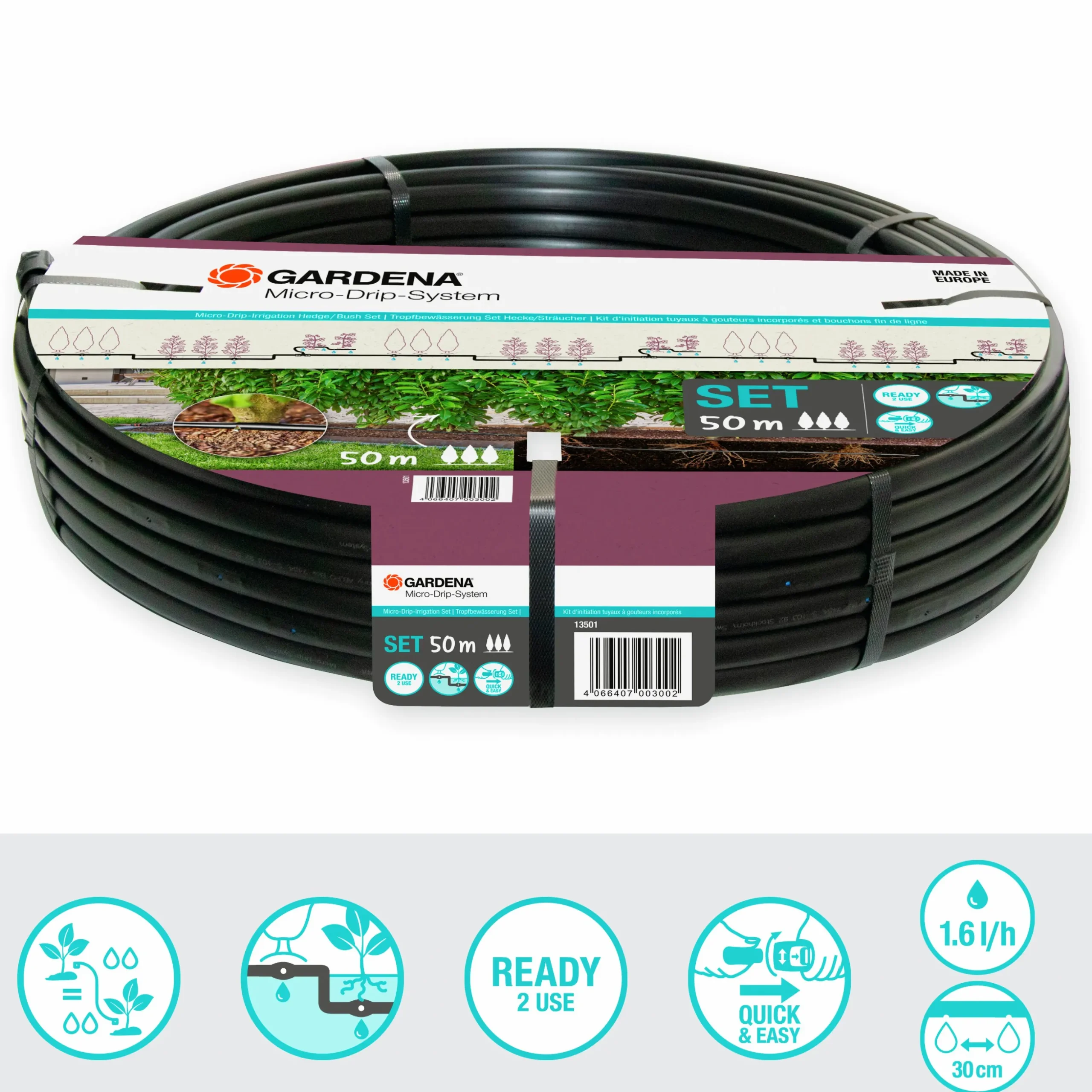 Droppslang Gardena MicroDrip Startset Häckar/Buskar 50m