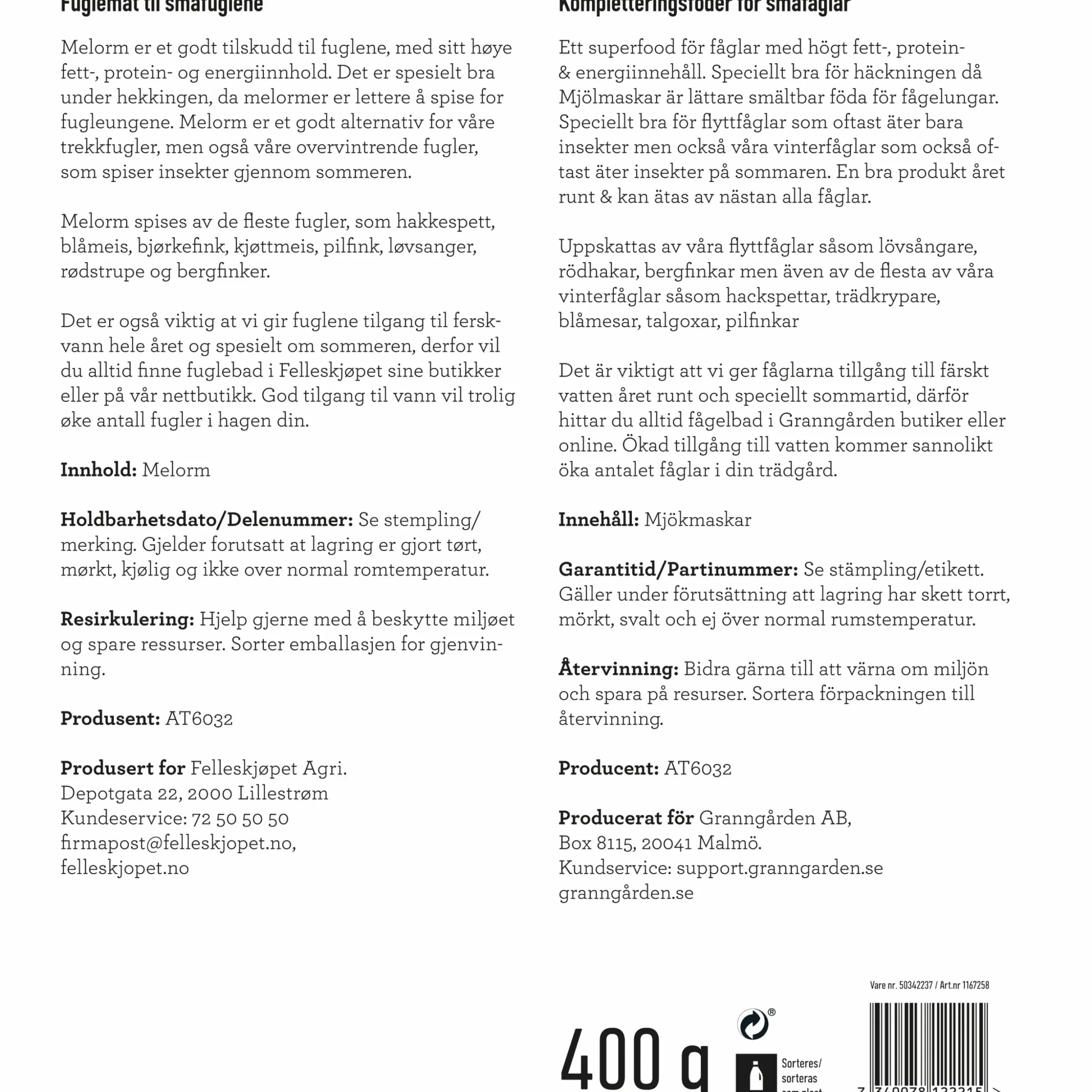 Fågelmat Granngården Mjölmaskar 400g