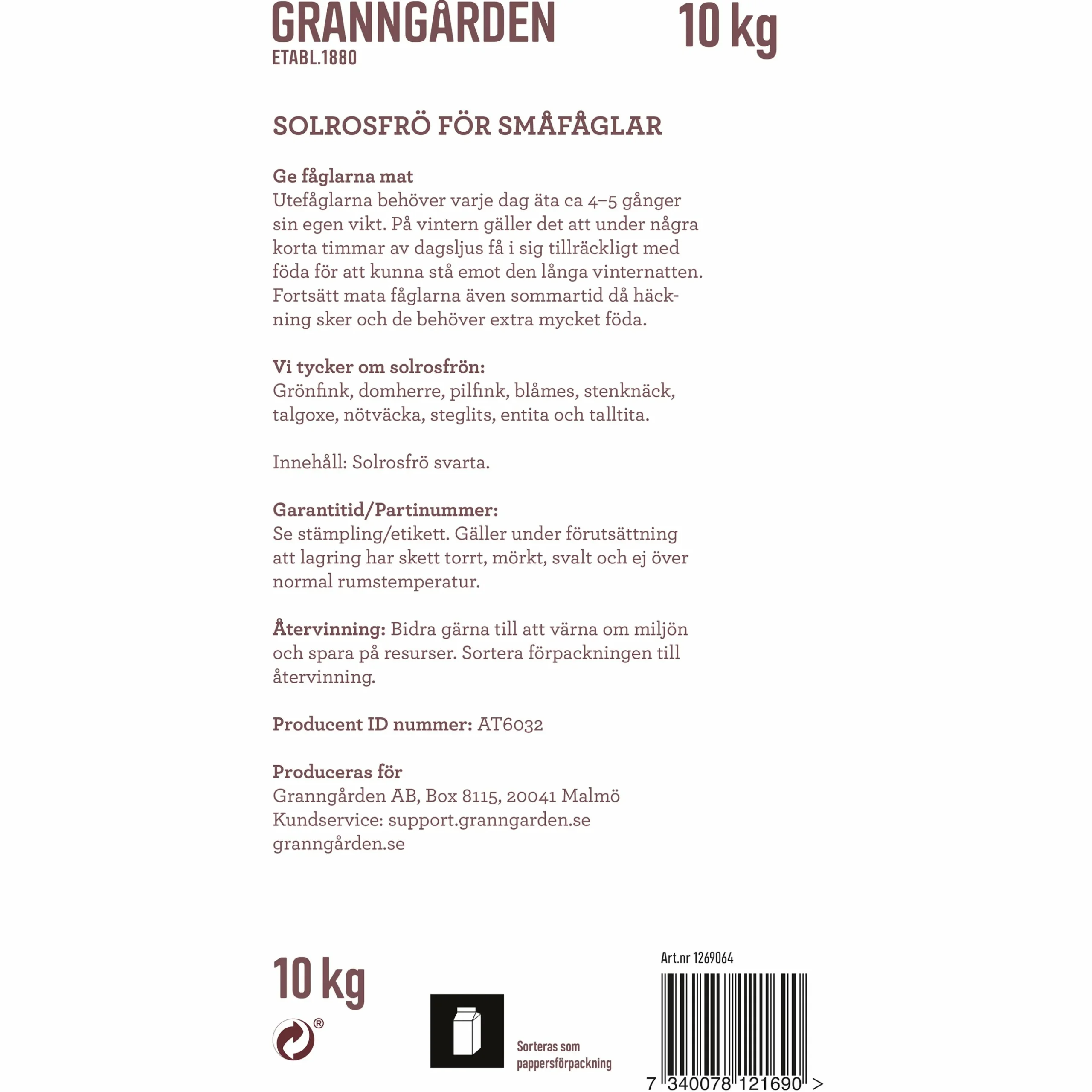 Fågelmat Granngården Solrosfrö Svarta 10kg