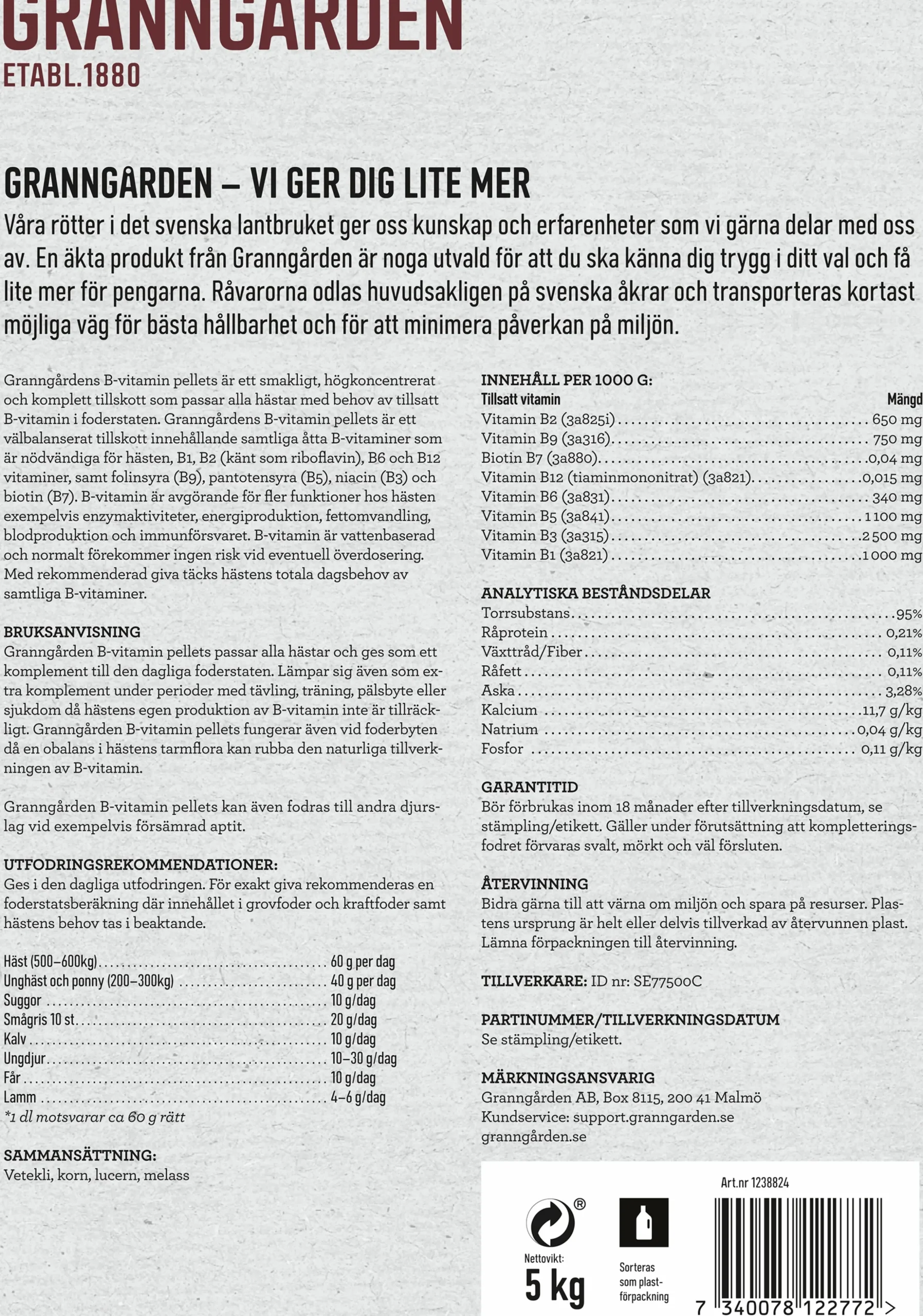 Fodertillskott Granngården B-vitamin Pellets 5kg