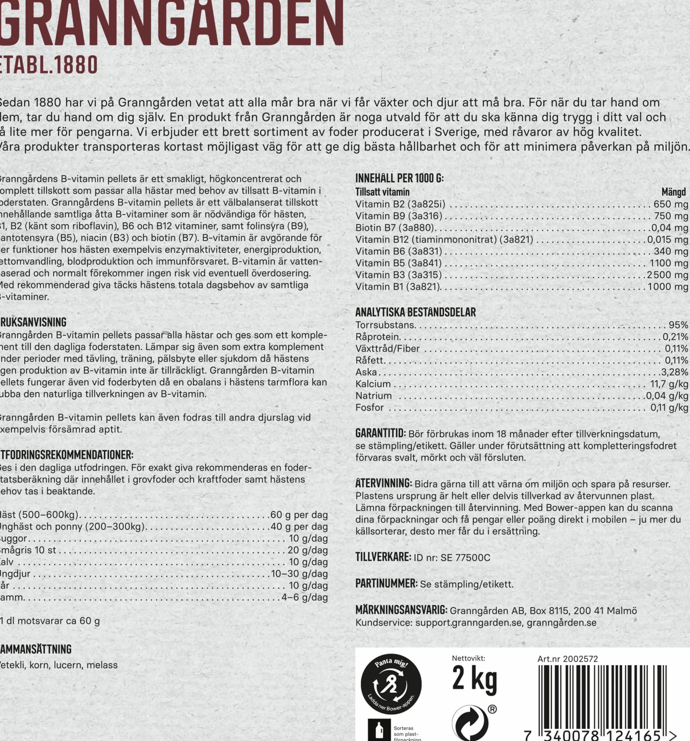 Fodertillskott Granngården B-Vitamin Pellets 2kg