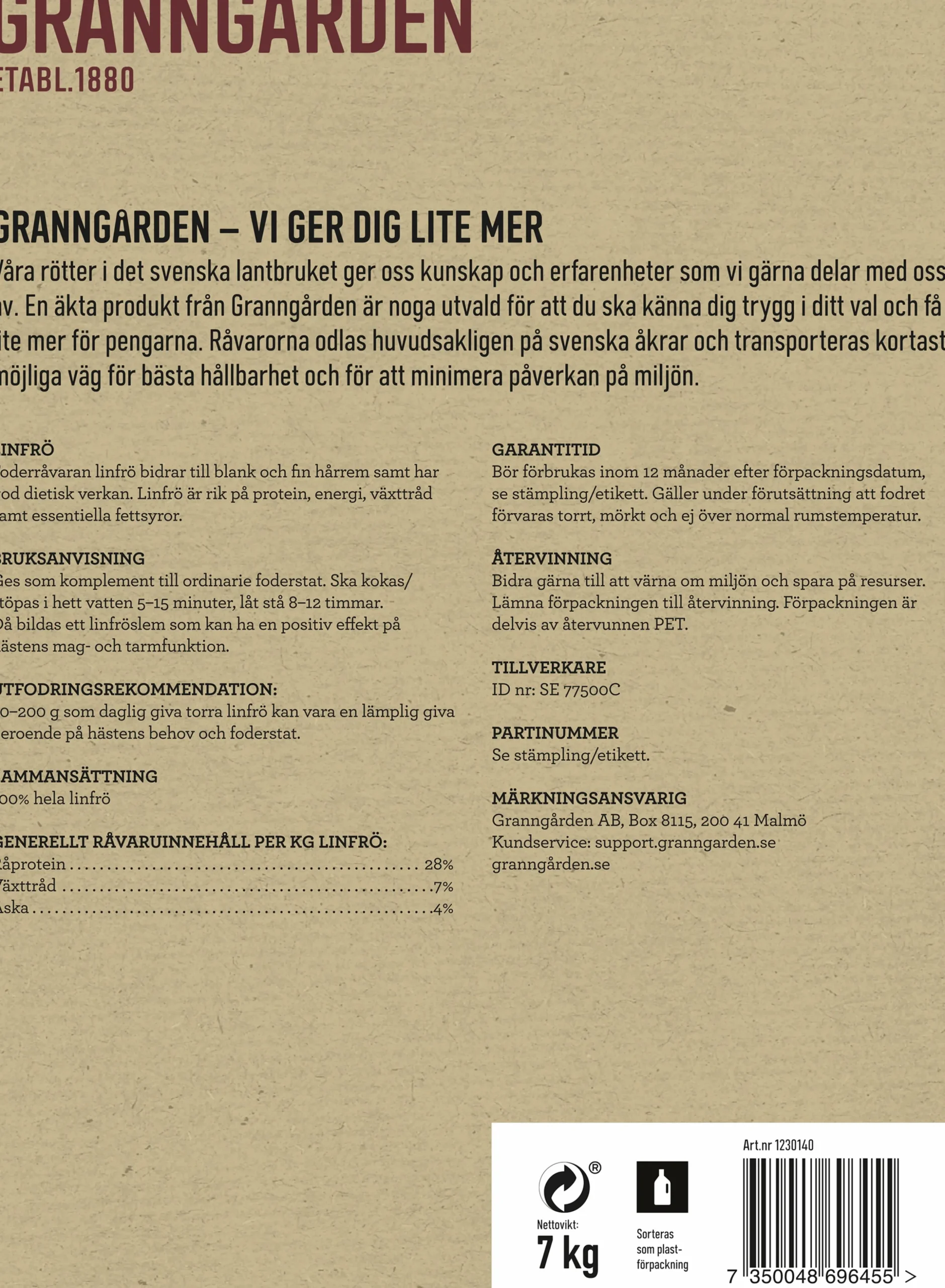 Fodertillskott Granngården Linfrö 7kg