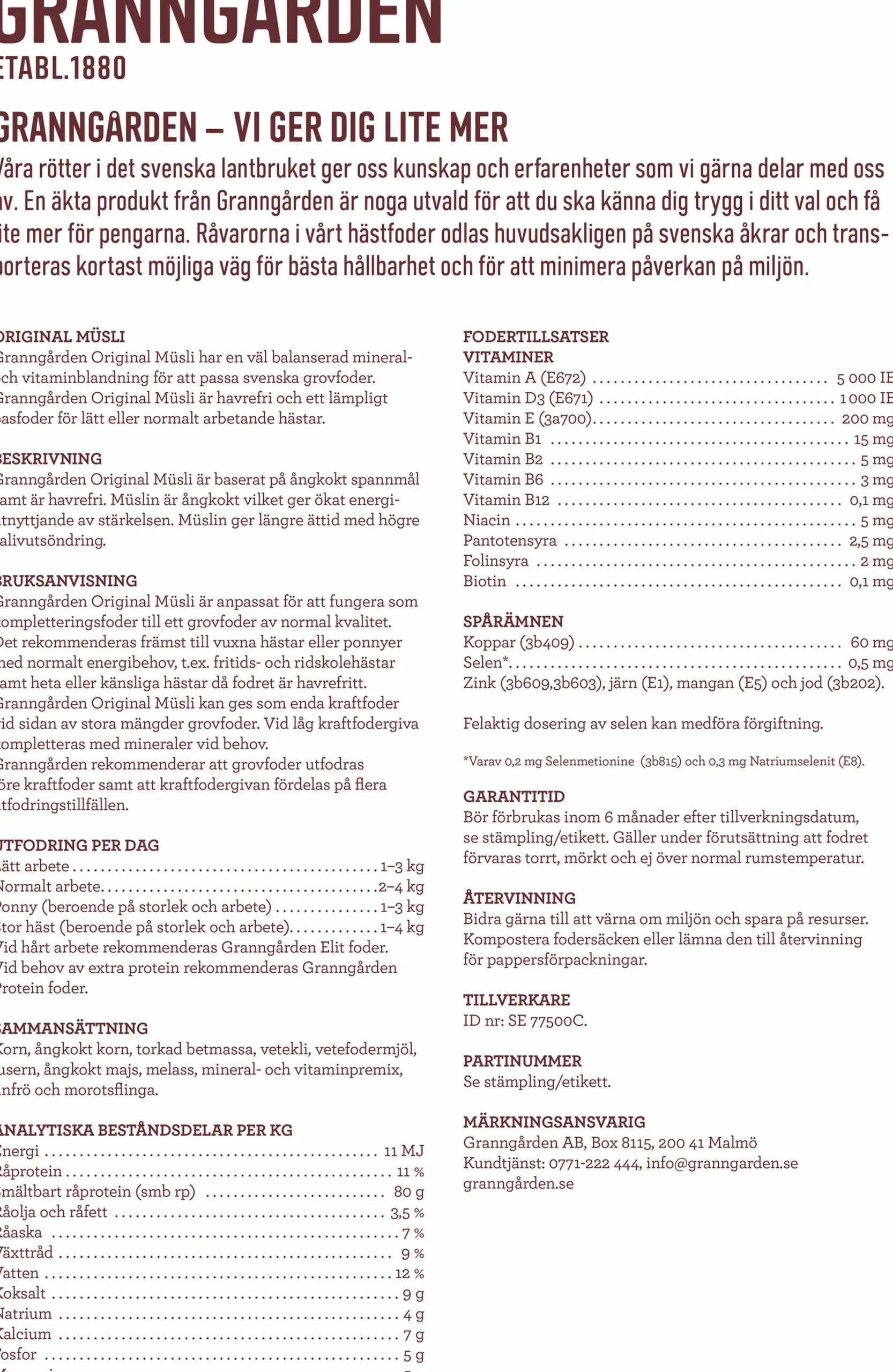 Hästfoder Granngården Original Müsli 20kg