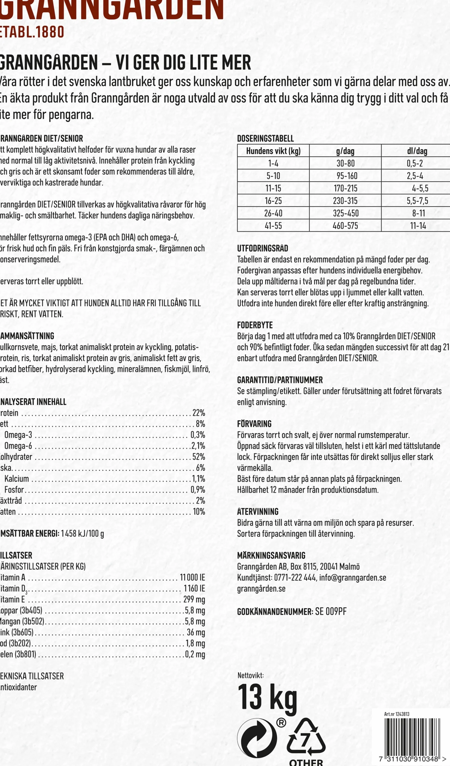 Hundfoder Granngården Diet/Senior 13kg