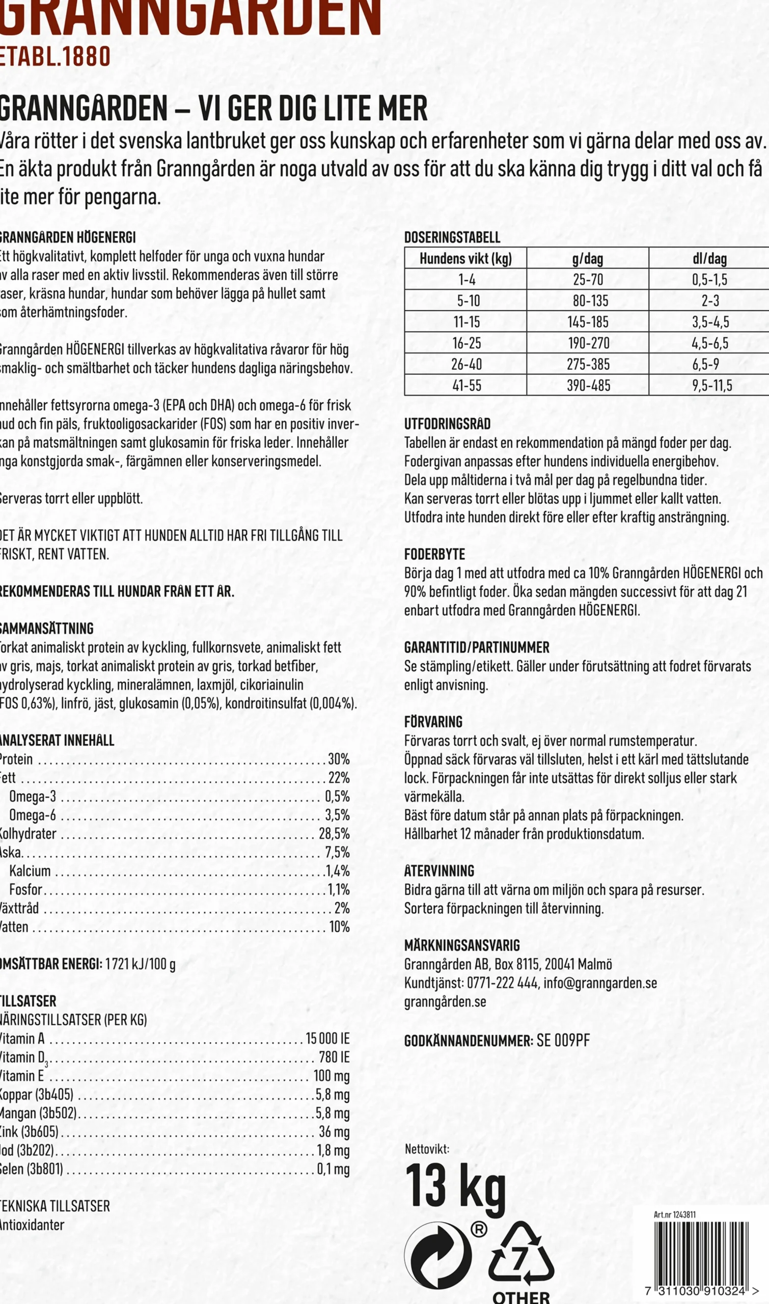 Hundfoder Granngården Högenergi 13kg