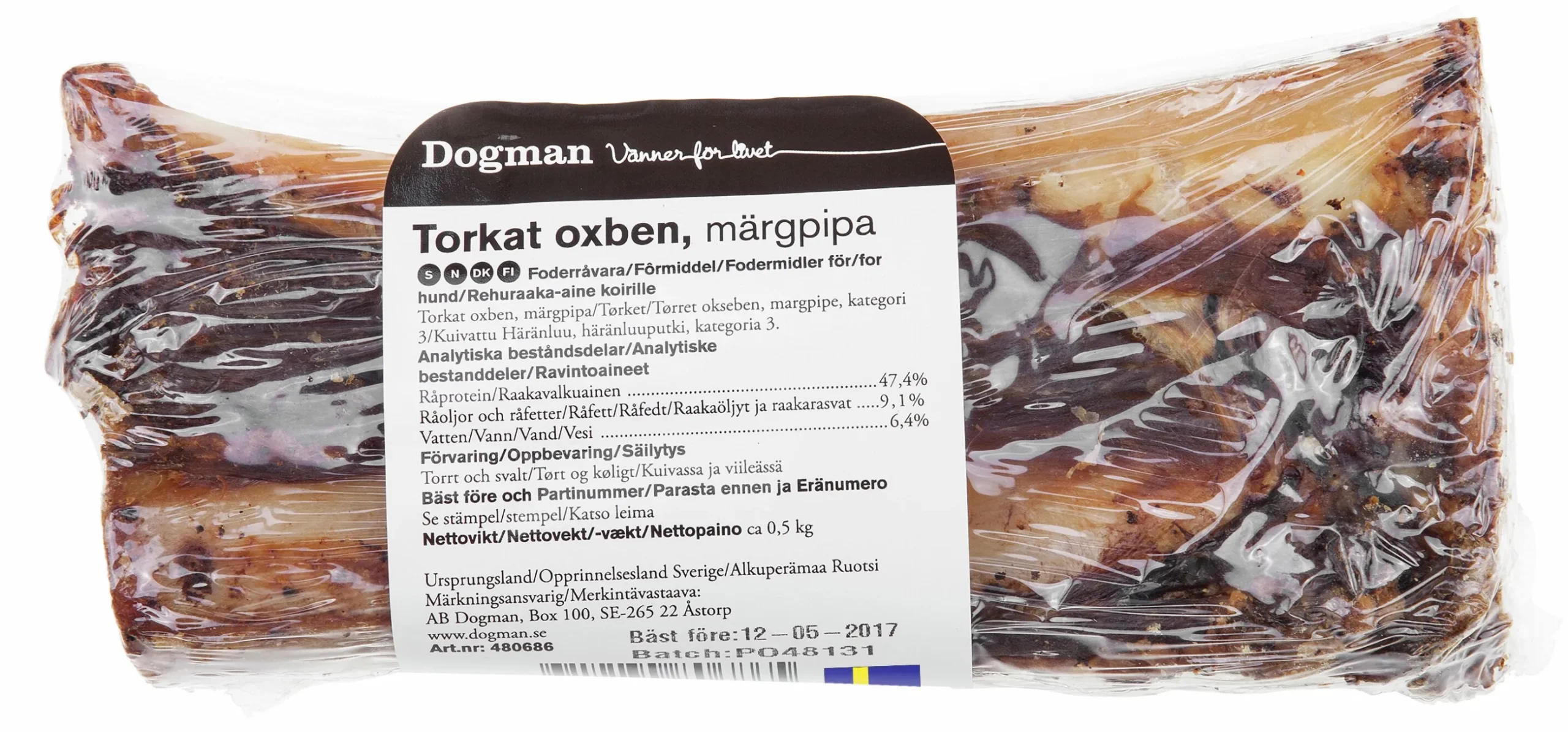 Hundtugg Dogman Torkad oxmärgpipa 500g