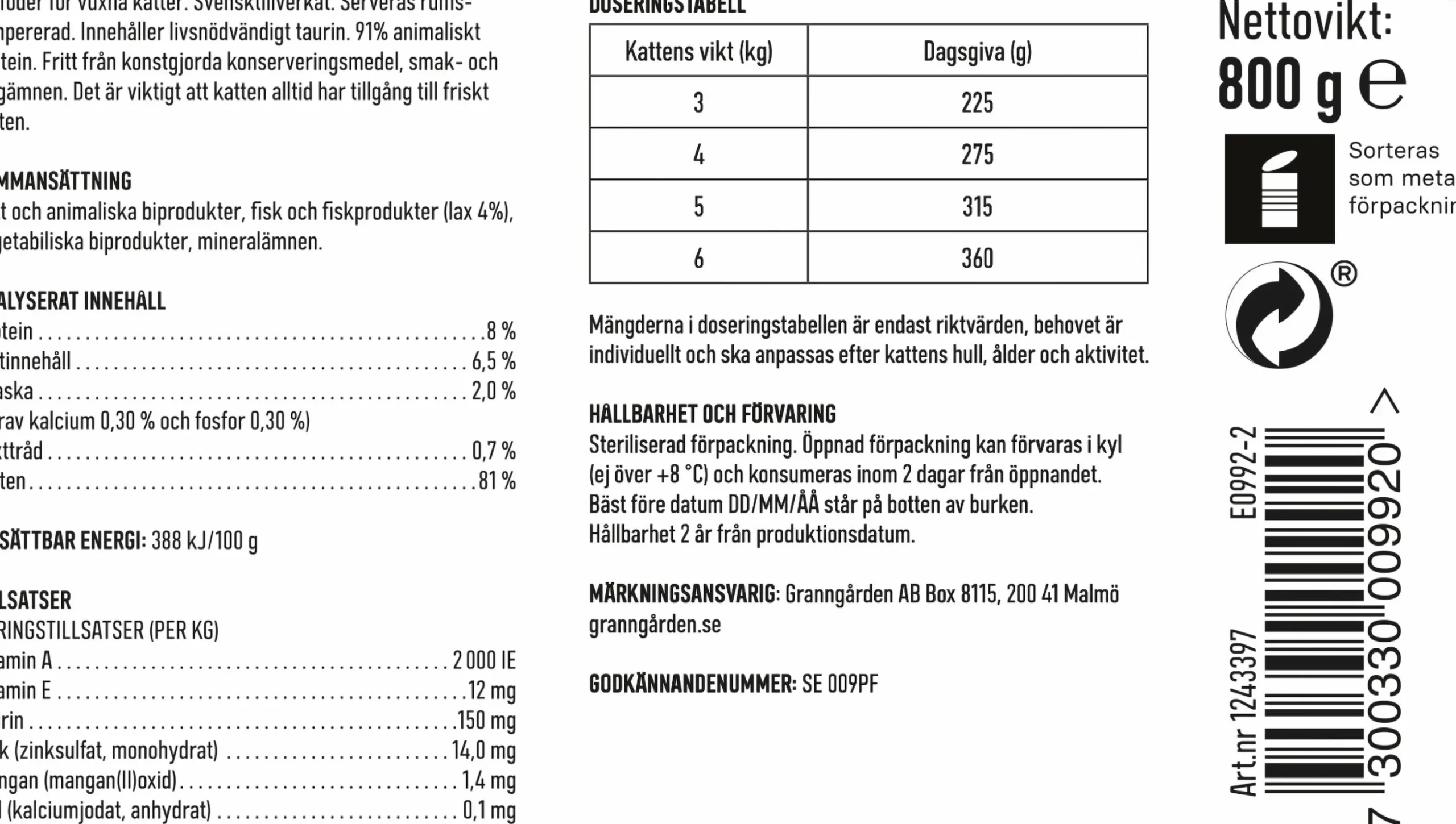 Kattmat Granngården Adult Fisk 800g