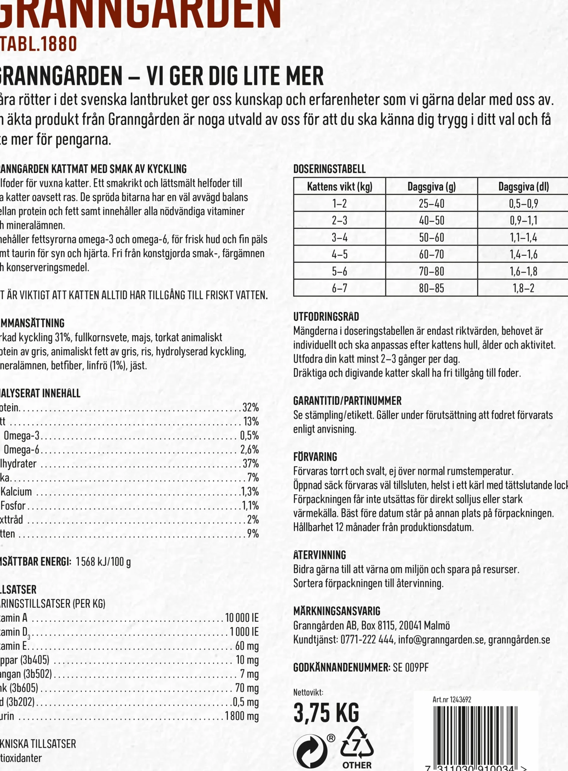 Kattmat Granngården Adult Kyckling 3,75kg