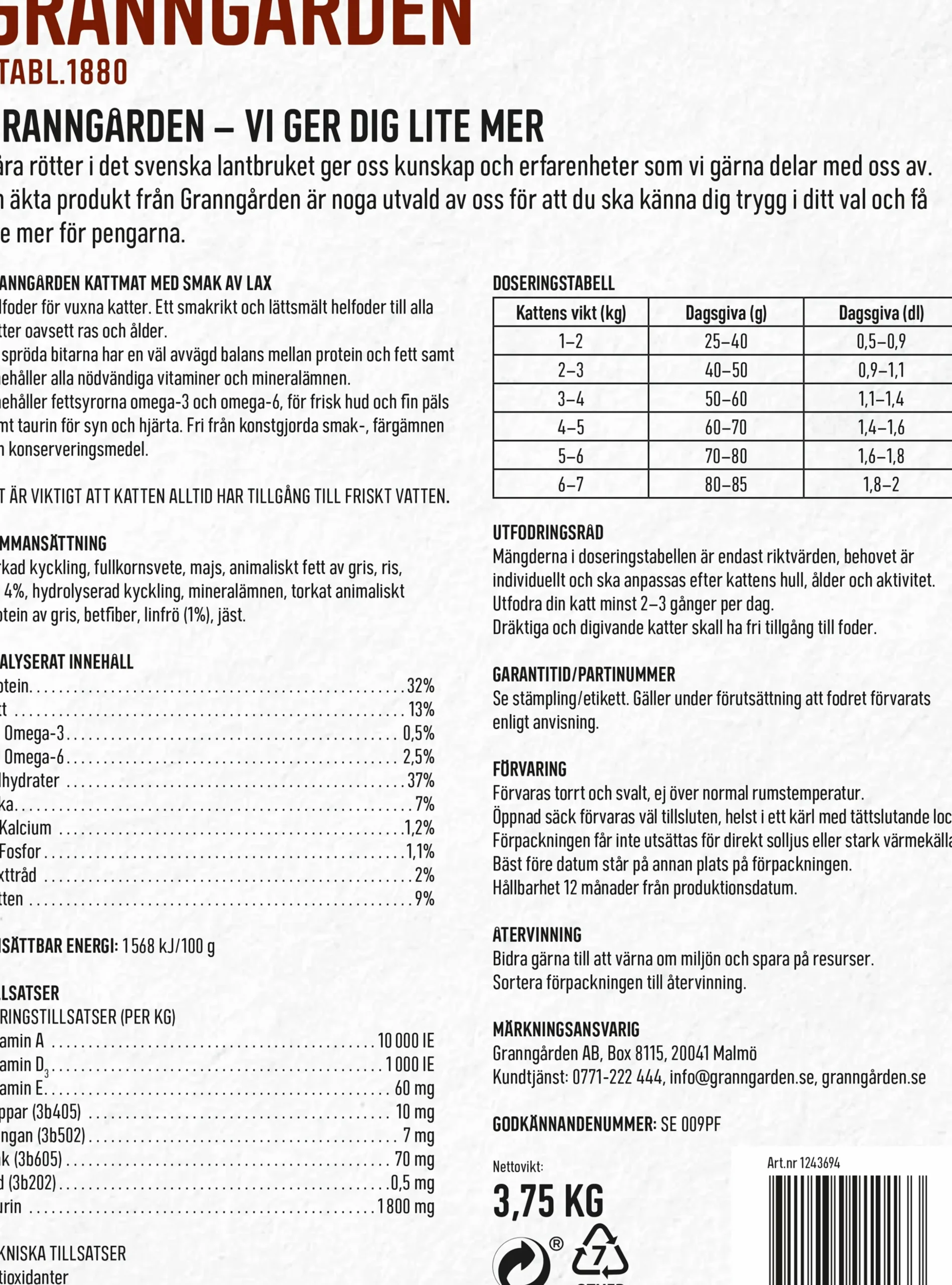 Kattmat Granngården Adult Lax 3,75kg