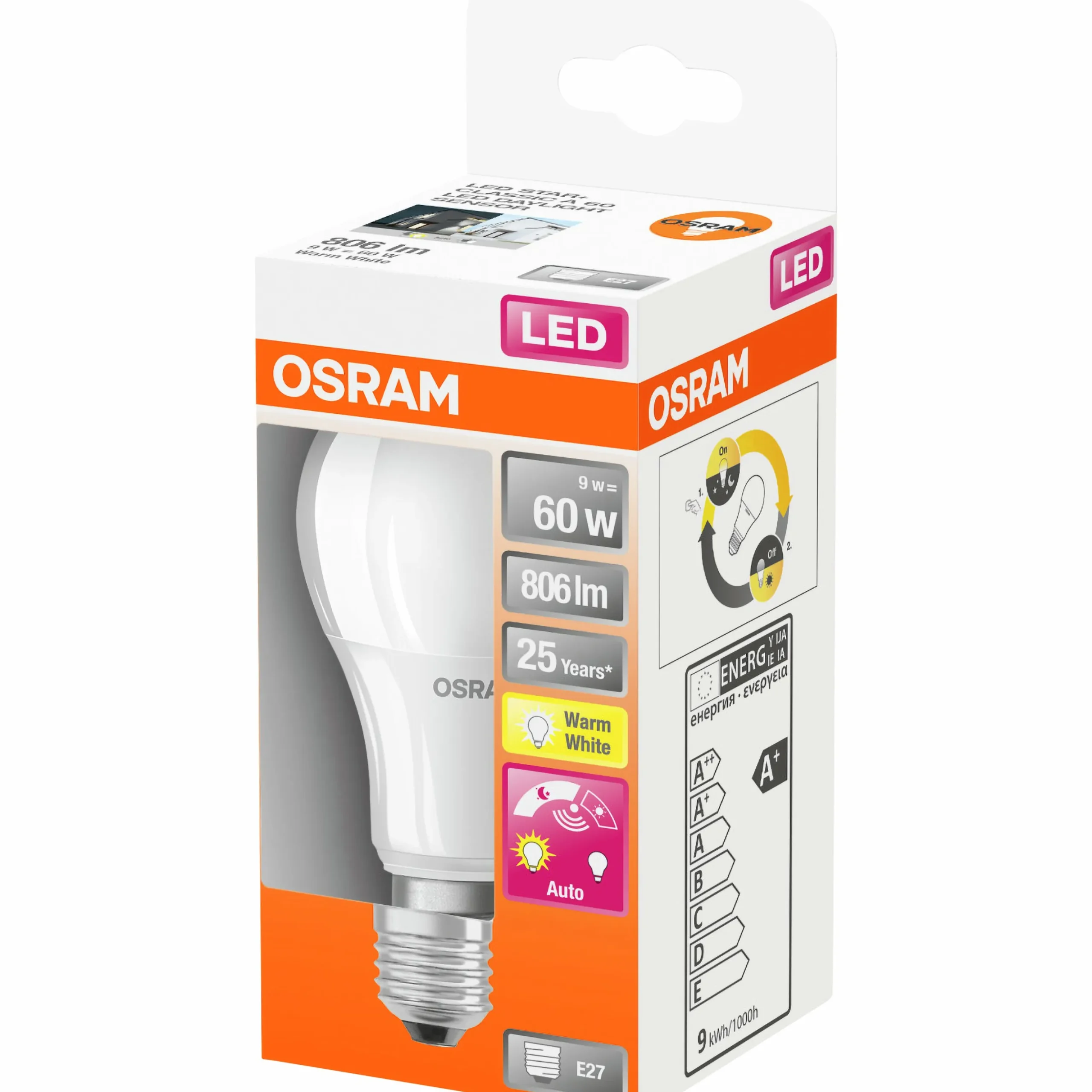 LED-lampa Osram med ljussensor E27 8,5W