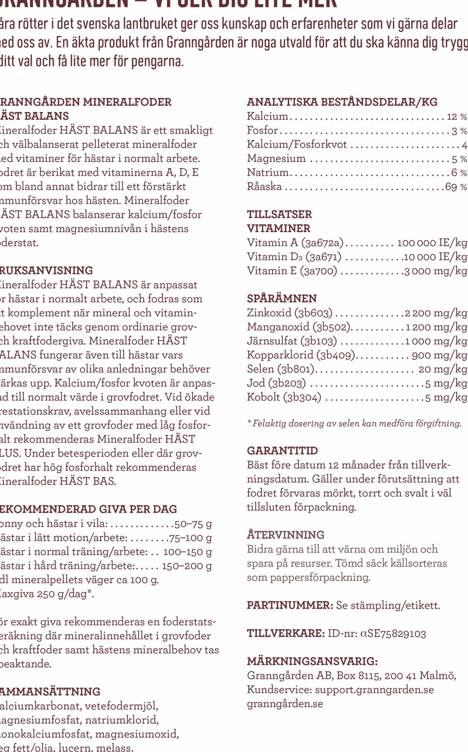Mineralfoder Granngården Häst Balans 15kg