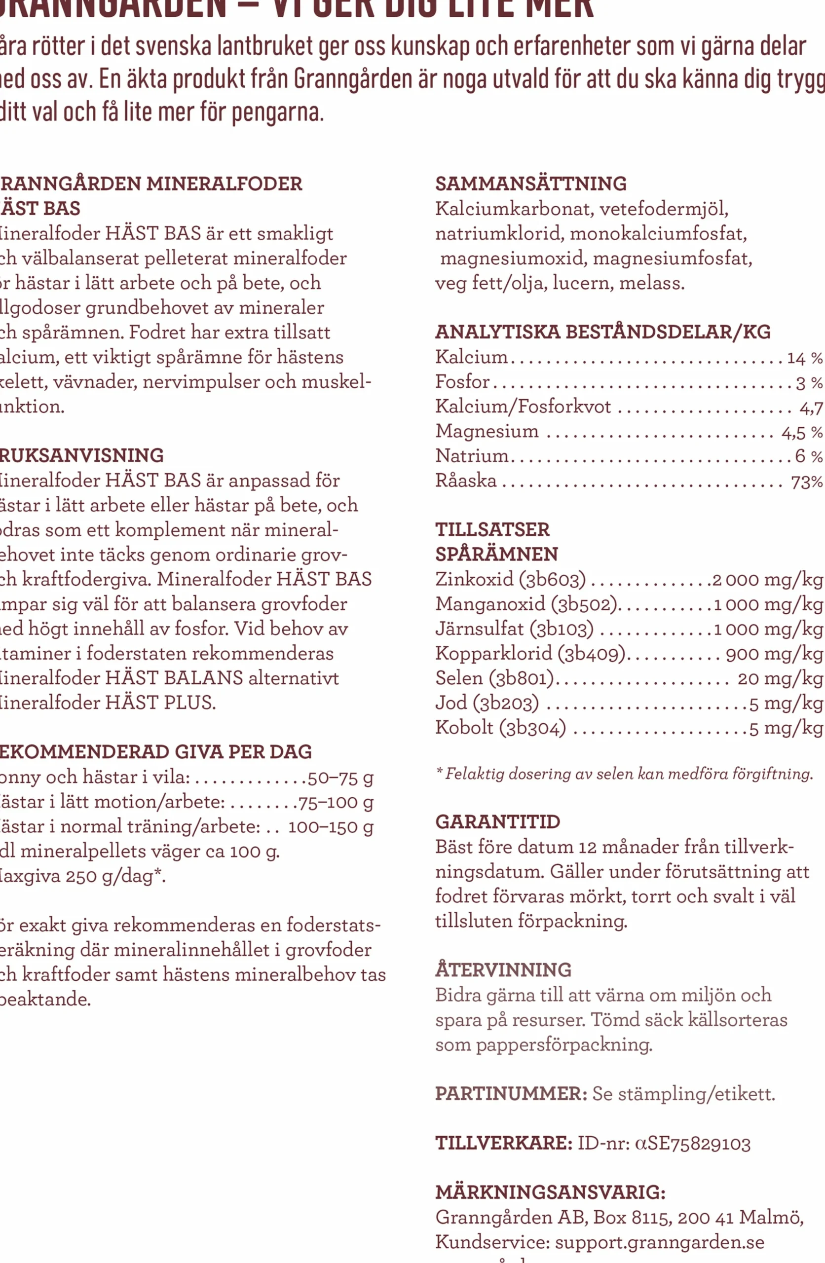 Mineralfoder Granngården Häst Bas 15kg