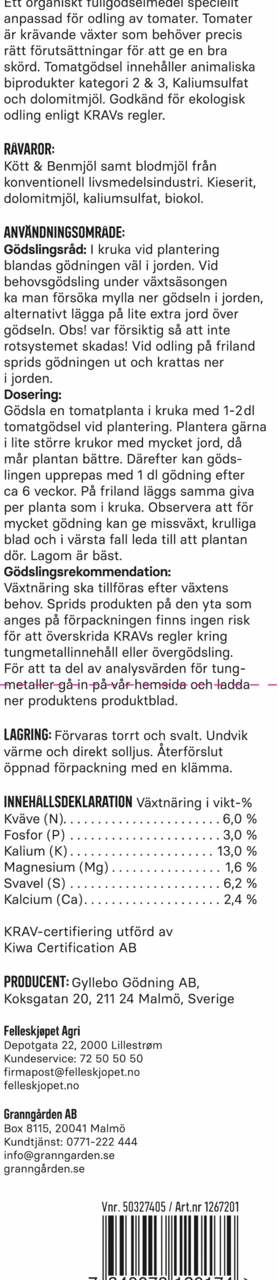 Tomatgödsel Granngården KRAV 900g