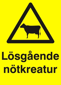 Varningsskylt 'Lösgående nötkreatur' plast gul 150x210mm