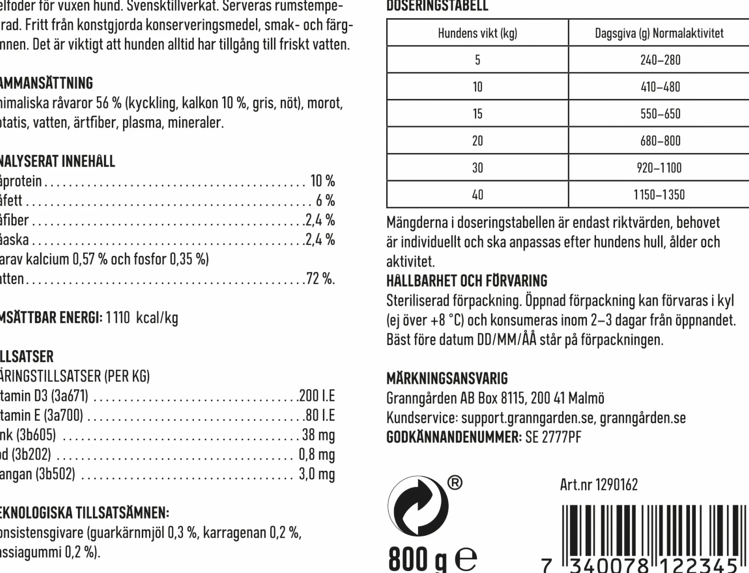 Våtfoder Granngården Köttkorv Light 800g