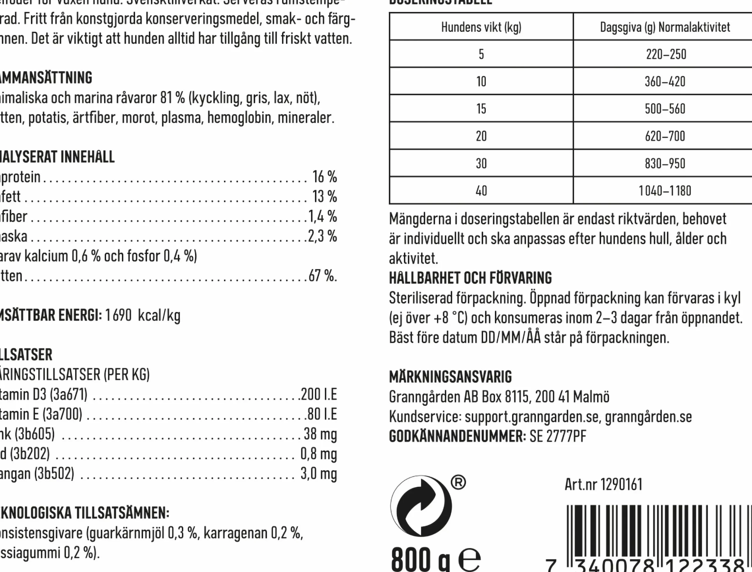 Våtfoder Granngården Köttkorv Power 800g
