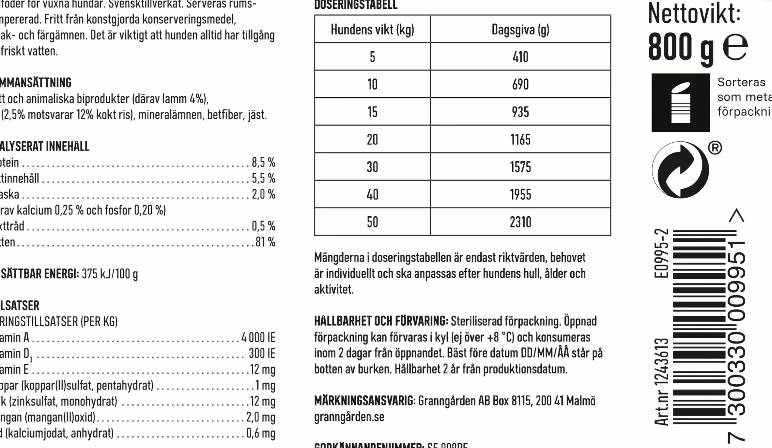 Våtfoder Granngården Paté Lamm & Ris 800g